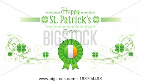 Happy Saint Patrick day border banner, isolated white background. Irish shamrock clover leaves frame, text lettering logo, flag prize icon. Traditional Northern Ireland celtic holiday day poster