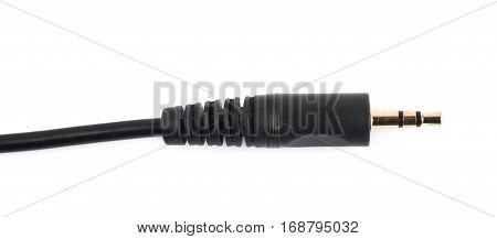 Fragment of a black stereo audio plug cord isolated over the white background