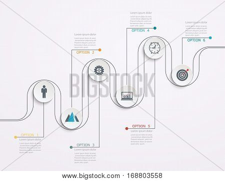 Timeline, infographics template with stepwise structure with 6 steps. Business line elements infographics.