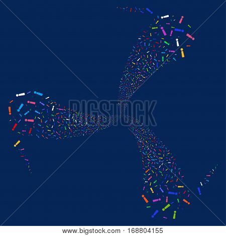 Exclamation Sign fireworks swirl rotation. Vector illustration style is flat bright multicolored iconic symbols on a blue background. Object whirlpool combined from random symbols.