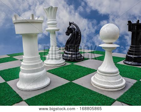 black and white chess and blue sky