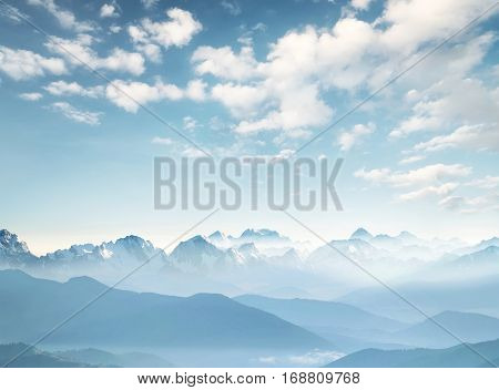 Hills during sunrise in mountain valley. Beautisul natural landscape