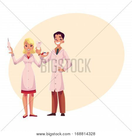 Dentist holding big tooth and anesthetist with syringe and pills, cartoon vector on background with place for text. Male dentist and female assistant, anesthetist, tooth care professionals