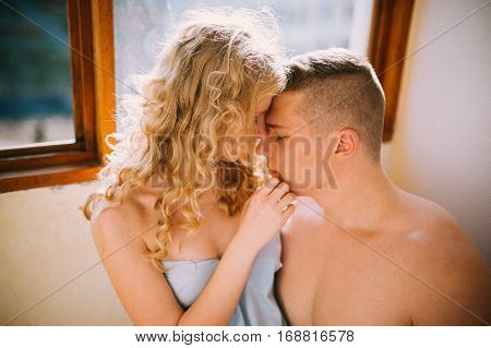 Happy couple in love in the morning, tender atmospere, relationships