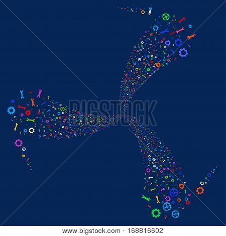 Setup Tools fireworks swirl rotation. Vector illustration style is flat bright multicolored iconic symbols on a blue background. Object twirl done from random design elements.