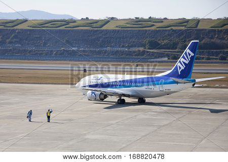 19 Dec 2015 Airport Nagasaki. Japan. All Nippon Airways (ana) Airplane Ja301K In Airport Of Nagasaki