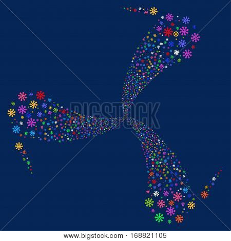 Virus fireworks swirl rotation. Vector illustration style is flat bright multicolored iconic symbols on a blue background. Object twirl combined from random pictograms.