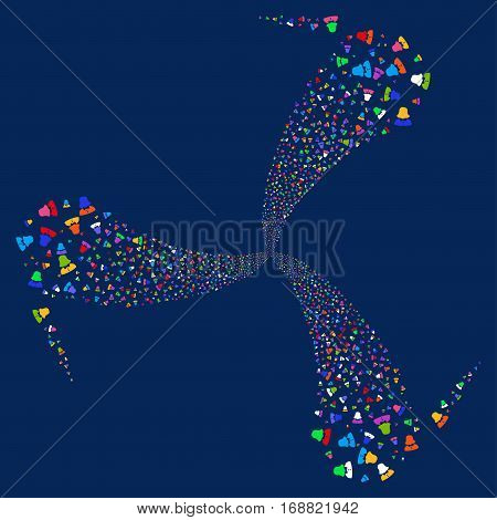Woman fireworks swirl rotation. Vector illustration style is flat bright multicolored iconic symbols on a blue background. Object spiral constructed from random pictograms.