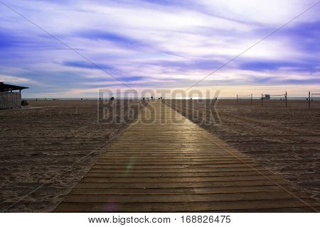 wooden Boardwalk on the beach. Beach Boardwalk. Santa Monica Beach Los Angeles California USA