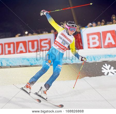 STOCKHOLM SWEDEN - JAN 31 2017: Frida Hansdotter (SWE) jumping in the parallel slalom downhill skiing at the Alpine Audi FIS Ski World Cup - city event January 31 2017 Stockholm Sweden