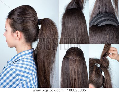 volume hairstyle ponytail with bouffant tutorial. Hairstyle for long hair tutorial. Simple hairstyle with hair bump tool