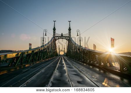 Scenic view of Szabadsag hid - Liberty bridge - at Budapest Hungary at sunrise