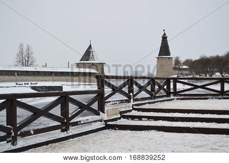 The winter landscape of russian city Pskov