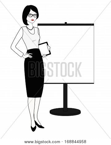 Specialist in public relations is standing next to the stand. Coach, teacher, professional employee, stand attendant, businesswoman, etc. Isolated on white. Linear, flat vector. White-black variation.