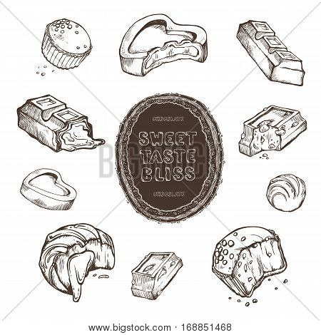Vector set of sketches bitten chocolates. handmade frame and letters