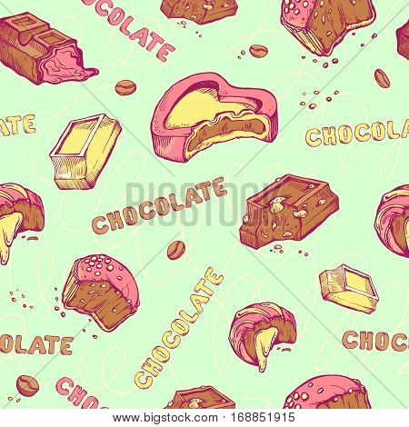 Vector seamless pattern of colored hand-drawn sketches bitten chocolates. Sweet rolls, bars, glazed, cocoa beans. handmade letters