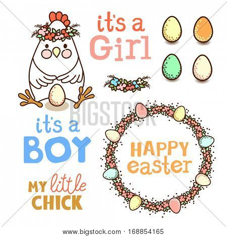 Set of elements for design - cute chicken, eggs and flower garlands. Good for Baby Shower invitations or Easter Greetings Card 