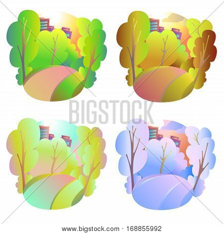 Set of bright vector natural backgrounds. Four seasons in nature - summer winter fall spring. City park or vacation woods at different times of the year