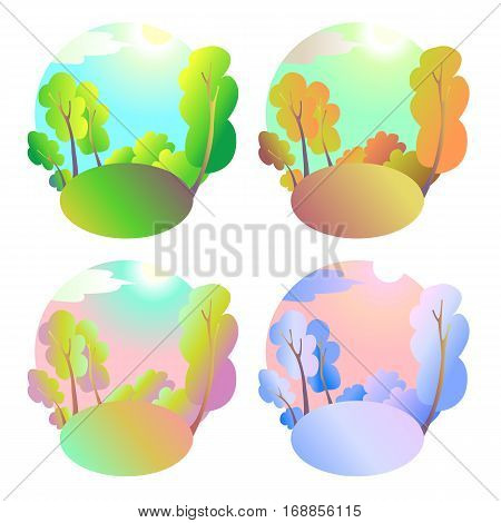 Set of bright vector natural backgrounds. Four seasons in nature - summer winter fall spring. City park or vacation woods at different times of the year