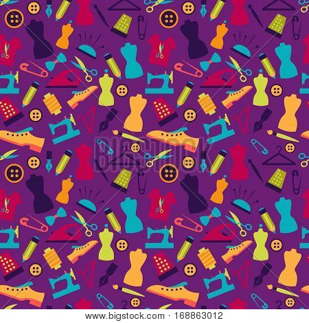 Seamless pattern with sewing accessories on violet background