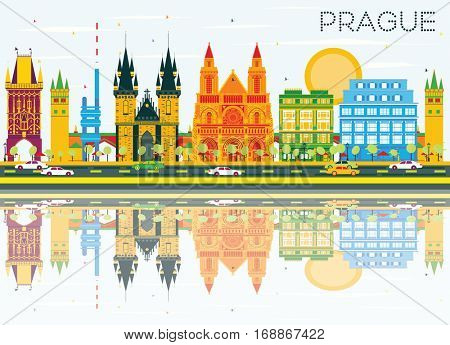 Prague Skyline with Color Buildings, Blue Sky and Reflections. Vector Illustration. Business Travel and Tourism Concept with Historic Architecture. Image for Presentation Banner Placard and Web.