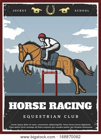 Colorful equestrian sport poster with jockey riding stallion on horse racing in vintage style vector illustration