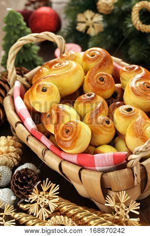 homemade swedish saffron buns, lussekatt in basket