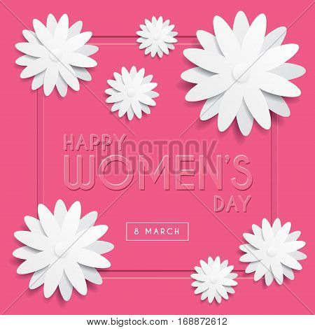 Happy Women's Day greeting card template design with emboss text & white flowers on pink background. 8 march vector illustration.