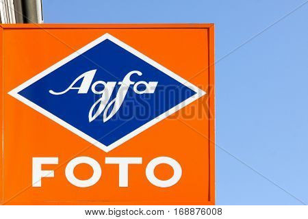 Aarhus, Denmark - August 12, 2015: Agfa logo on a wall. Agfa photo is a European photographic company, formed in 2004 when Agfa-Gevaert sold their Consumer Imaging division