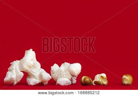 Popcorn over vibrant red background.  Closeup of popped and unpopped corn kernels. Side view. Very large file.
