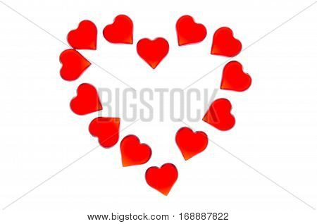 Bright red hearts on a striped background in the form of a large heart. In order to use Valentine's Day, weddings, International Women's Day