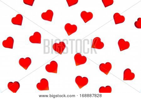 Bright red hearts on a striped background. In order to use Valentine's Day, weddings, International Women's Day