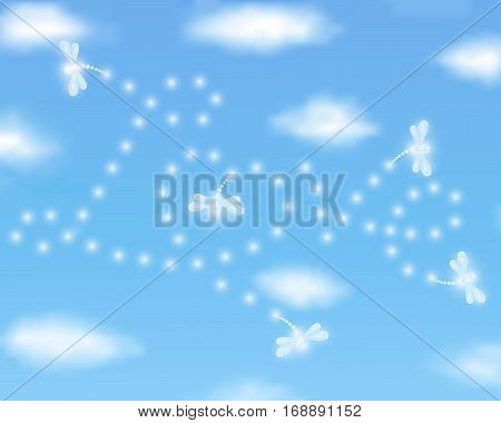 Valentines day background with Love drawn by dragonflies in a clear blue sky. Love is in the air