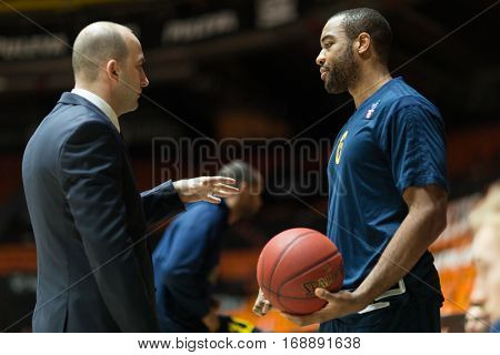 VALENCIA, SPAIN - JANUARY 11: (R) Jonathan Malu during Eurocup match between Valencia Basket and Alba Berlin at Fonteta Stadium on January 11, 2017 in Valencia, Spain