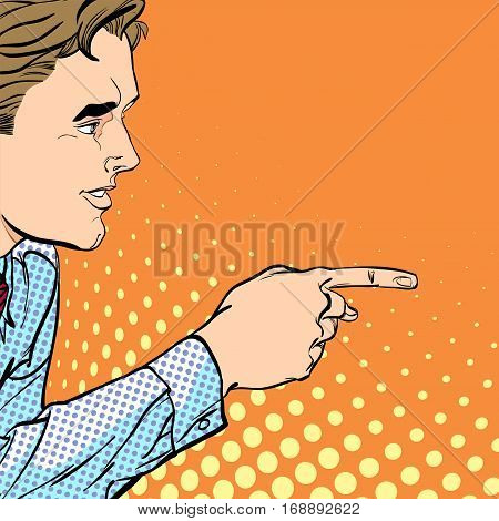 A man pointing a finger. A man explaining something. Speaking man. The man at the podium speaks. Handsome young businessman giving advice. Concept idea of advertisement and promo. Halftone background.