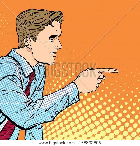 A man pointing a finger. A man explaining something. Speaking man. The man at the podium speaks. Handsome young businessman giving advice. Concept idea of advertisement and promo. Halftone background.