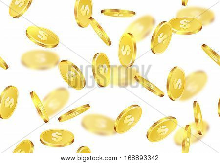 Warm gold coins falling texture isolated on white in different positions. Festive golden shining money shower seamless background