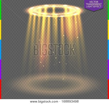 Round golden glow rays night scene with sparks on transparent background. Empty light effect podium. Disco club dance floor. Show party lamp in fog. Ufo beam stage