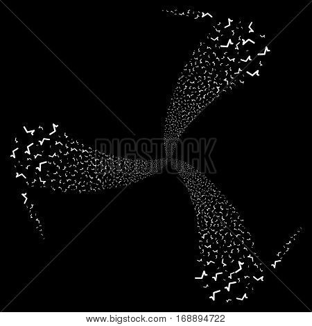 Sqrt fireworks swirl rotation. Vector illustration style is flat white iconic symbols on a black background. Object whirl combined from random icons.