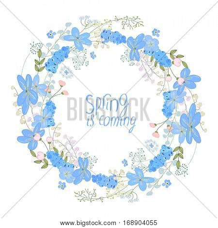 Round wreath made of blue primroses - muscari and hepatica. Template for spring greeting cards