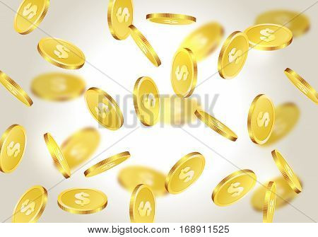 Warm gold coins falling texture isolated on light in different positions. Festive golden shining money shower background