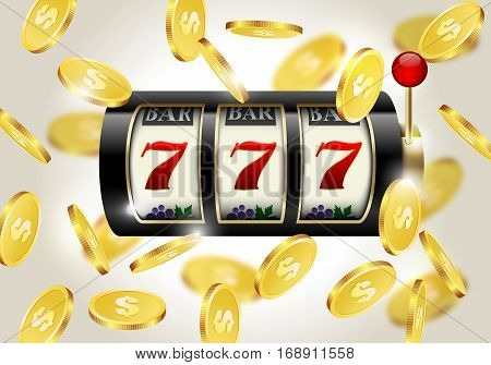 Slot machine with lucky seven and falling golden coins background. Winner casino
