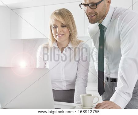 appy mid adult business couple using laptop at kitchen counter