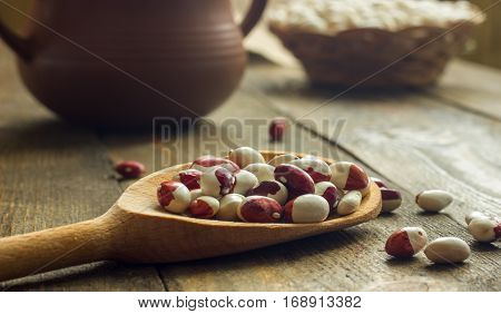 white beans on a table with wooden spoon