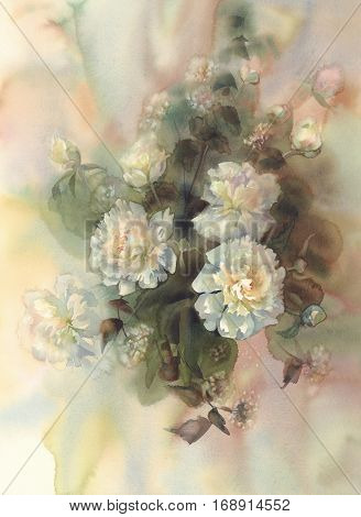 Bouquet of white peonies watercolor illiustration. Wedding card. Summer bloom.
