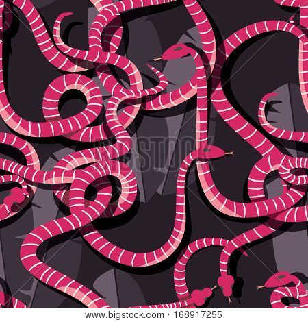 Seamless pattern with colorful intertwined striped rain forest snakes, vector illustration