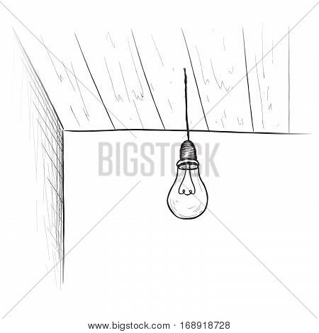 Bulb background. Minimalistic room interior with ceiling lamp. Doodle line sketch illustration