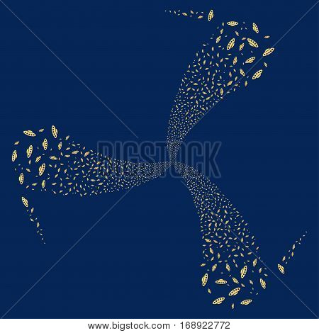 UFO fireworks swirl rotation. Vector illustration style is flat yellow iconic symbols on a blue background. Object whirl constructed from random pictographs.