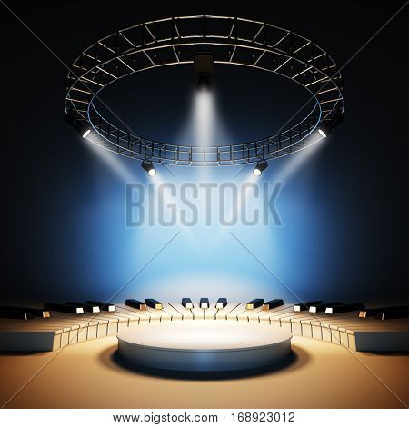 Mockup of blank template layout of white jazz or classic music stage illuminated by spotlights. 3d render illustration. Scene is empty to place your text, logo or object.