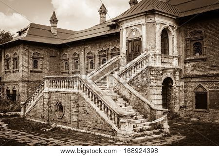 stairs to the porch of Krutitsy Metochion of Russian Orthodox Church, in the summer on a sunny day. Moscow, Russia